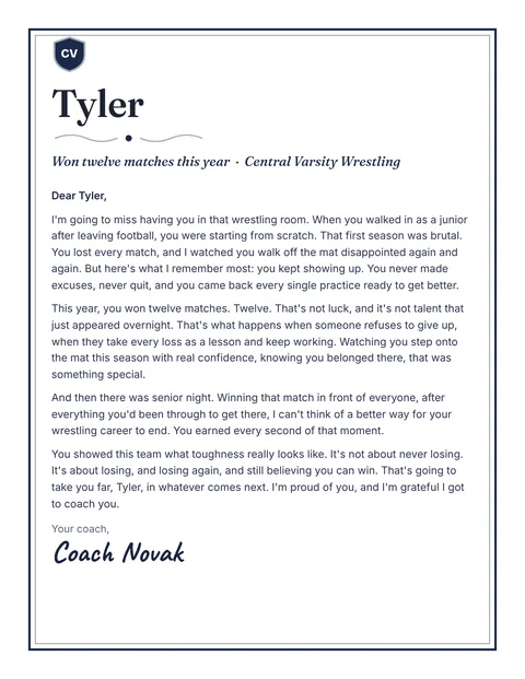 A personal letter to Tyler from Coach Novak, Central Varsity Wrestling