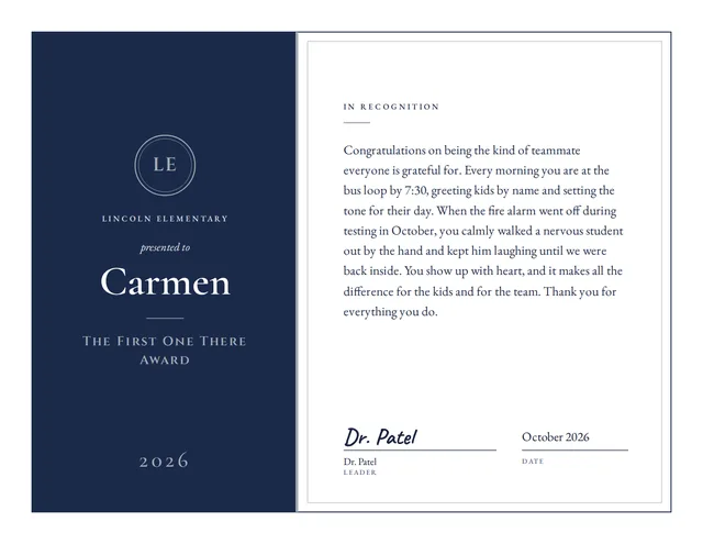 The First One There Award certificate for Carmen, Lincoln Elementary