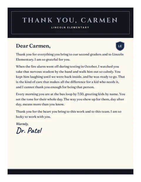 A personal letter to Carmen from Dr. Patel, Lincoln Elementary