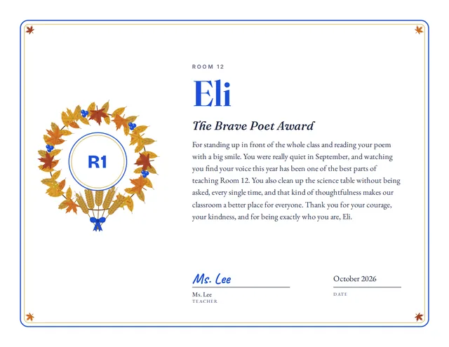 The Brave Poet Award certificate for Eli, Room 12