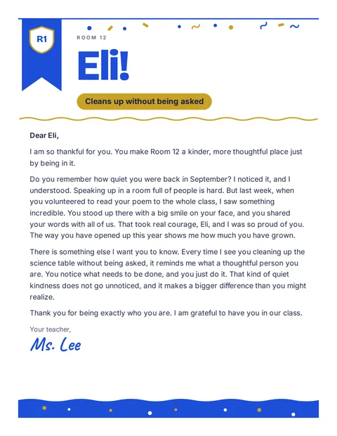 A personal letter to Eli from Ms. Lee, Room 12