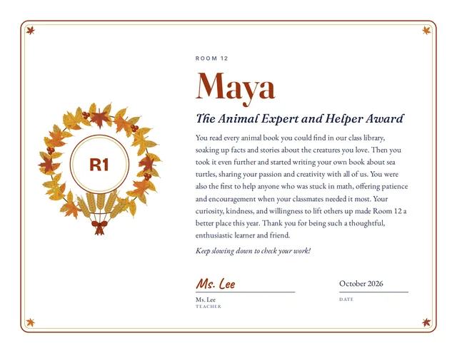 The Animal Expert and Helper Award certificate for Maya, Room 12