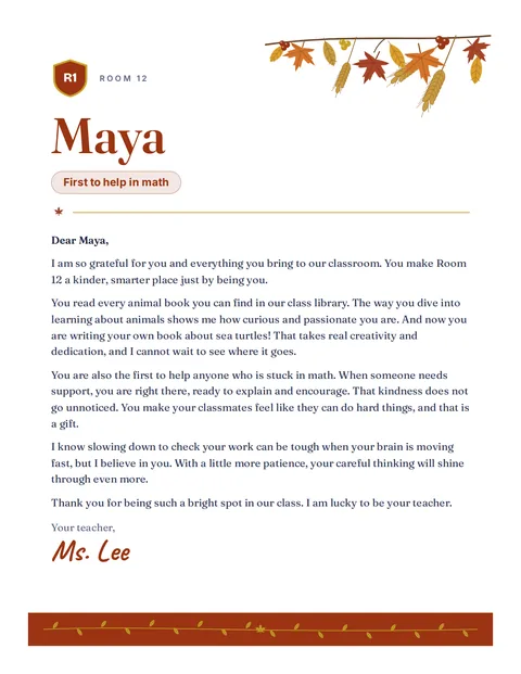 A personal letter to Maya from Ms. Lee, Room 12