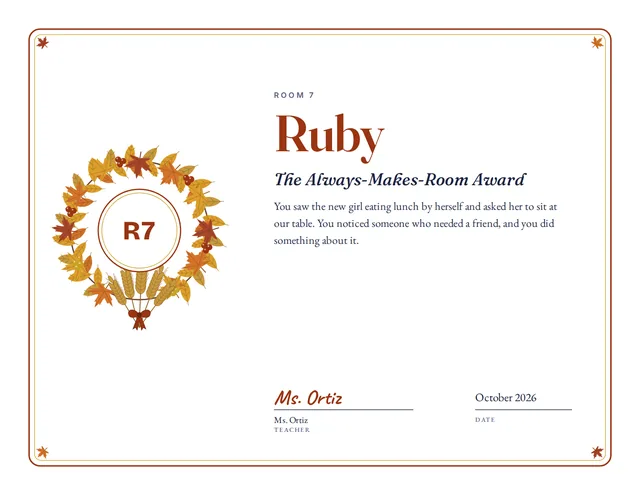 The Always-Makes-Room Award certificate for Ruby, Room 7