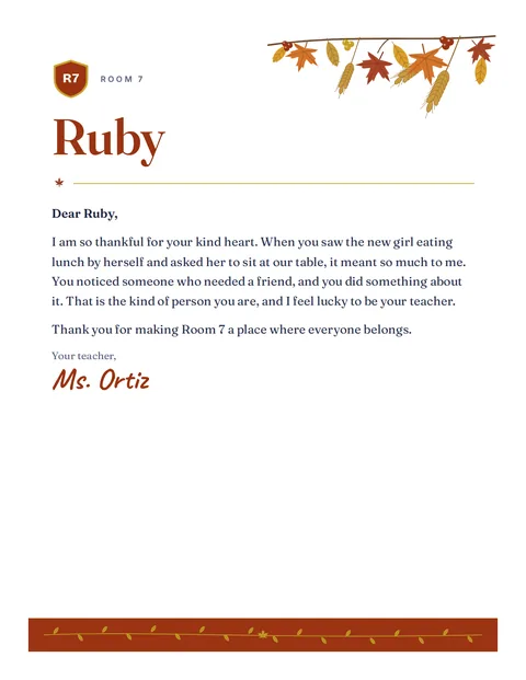 A personal letter to Ruby from Ms. Ortiz, Room 7