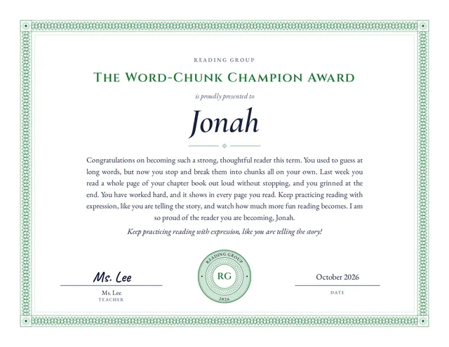 The Word-Chunk Champion Award certificate for Jonah, Reading Group