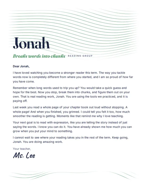 A personal letter to Jonah from Ms. Lee, Reading Group