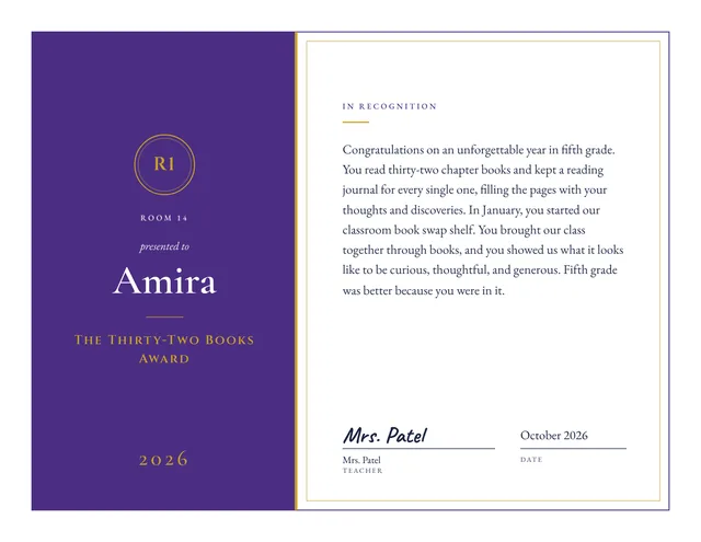 The Thirty-Two Books Award certificate for Amira, Room 14