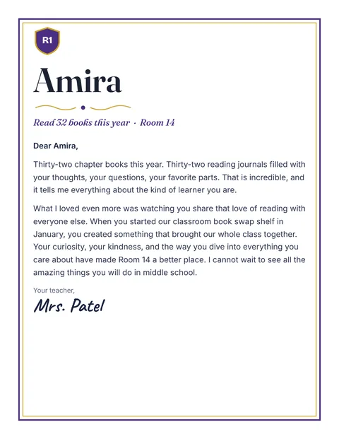 A personal letter to Amira from Mrs. Patel, Room 14