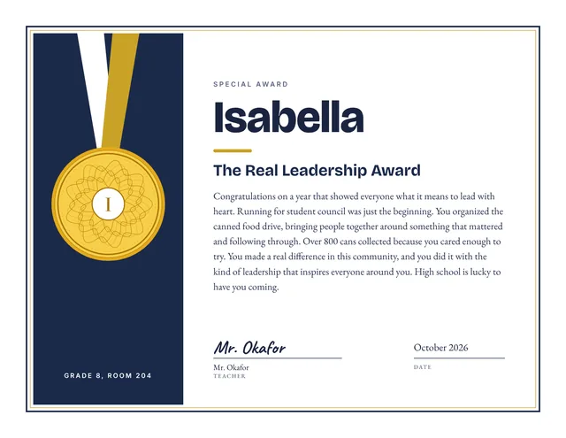 The Real Leadership Award certificate for Isabella, Grade 8, Room 204