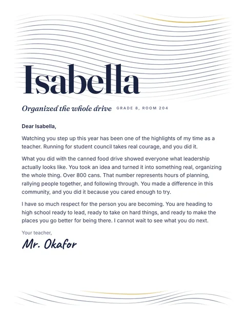 A personal letter to Isabella from Mr. Okafor, Grade 8, Room 204