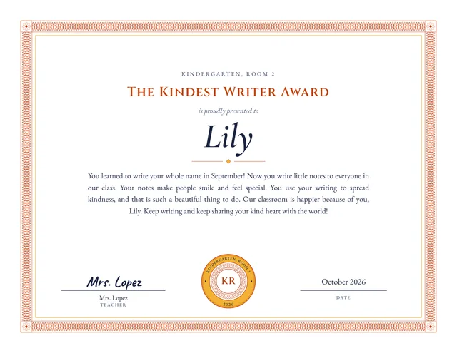 The Kindest Writer Award certificate for Lily, Kindergarten, Room 2