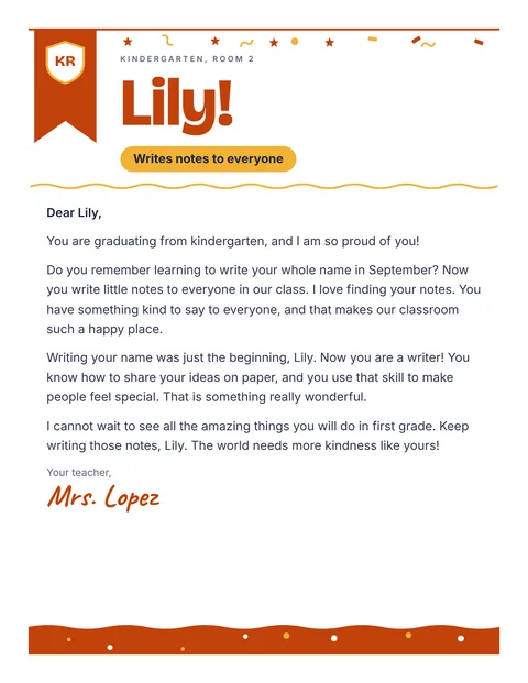 A personal letter to Lily from Mrs. Lopez, Kindergarten, Room 2