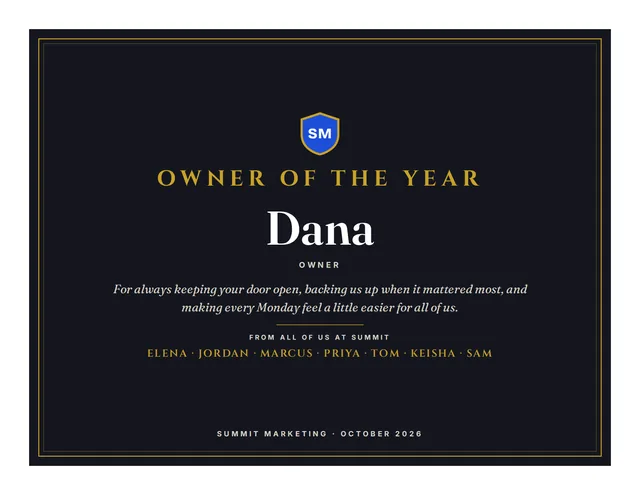 Owner of the Year certificate for Dana from Summit Marketing, with every name in the group signed on it
