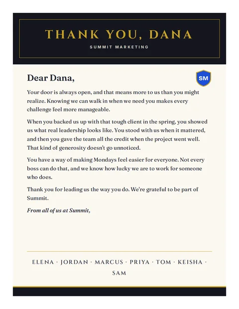 A thank-you letter to Dana from Summit Marketing, with every name in the group signed on it