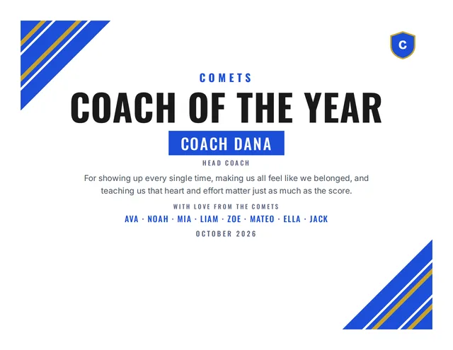 Coach of the Year certificate for Coach Dana from Comets, with every name in the group signed on it