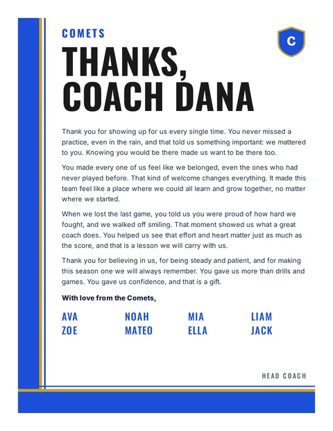 A thank-you letter to Coach Dana from Comets, with every name in the group signed on it