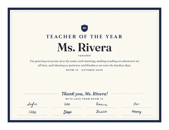 Teacher of the Year certificate for Ms. Rivera from Room 12, with every name in the group signed on it