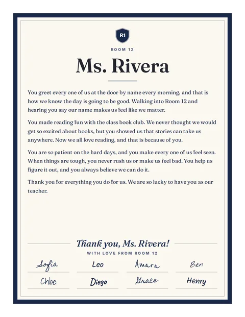 A thank-you letter to Ms. Rivera from Room 12, with every name in the group signed on it